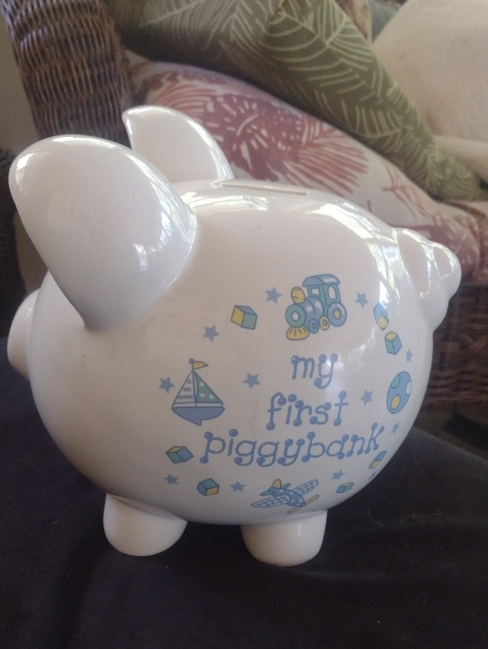My First Piggy Bank Ceramic Baby Piggy - White with Blue Accents